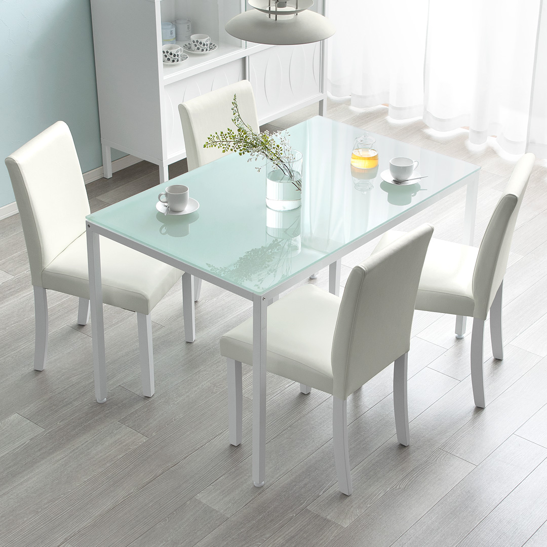 ホワイトガラストップダイニング5点セット