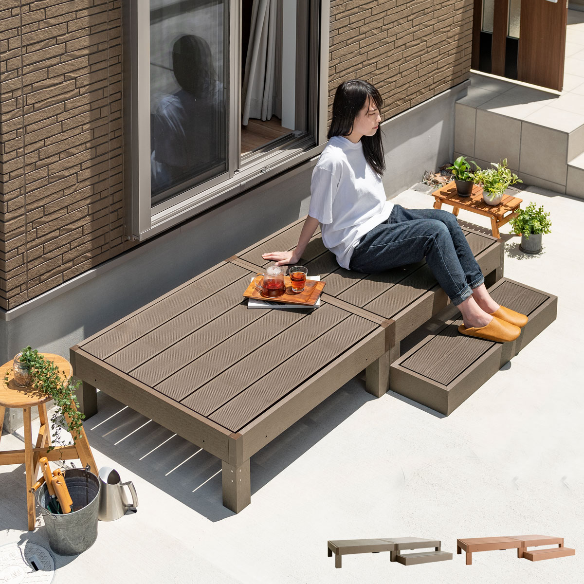 人工木ウッドデッキ ecofeel(エコフィール)縁台2台+ステップセット